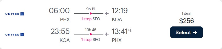 Vols pas chers de Phoenix, Arizona à Kona, Hawaï pour seulement 256 $ aller-retour avec United Airlines.  Fonctionne également en sens inverse.  Image du billet de l'offre de vol.