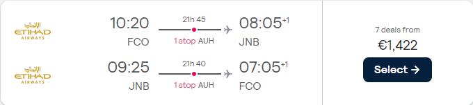 Click here to book this cheap flight deal. Business Class flights from Rome, Italy to Johannesburg, South Africa for only €1422 roundtrip with Etihad Airways. Flight deal ticket image.