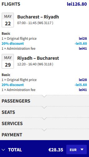 Non-stop flights from Bucharest, Romania to Riyadh, Saudi Arabia for only €28 roundtrip. Flight deal ticket image.