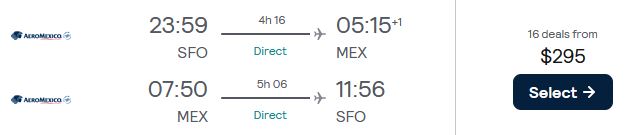 Vols sans escale de San Francisco à Mexico, Mexique pour seulement 295 $ aller-retour avec Aeromexico.  Image du billet de l'offre de vol.