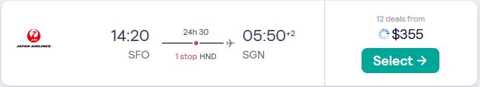 Cheap flights from US cities to Ho Chi Minh City, Vietnam from only $355 one-way with Japan Airlines. Flight deal ticket image.