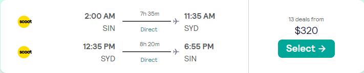 Non-stop flights from Singapore to Sydney, Australia for only $320 USD roundtrip. Flight deal ticket image.