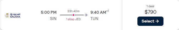 Click here to book this cheap flight deal. Last second Business Class flights from Singapore to Tunis, Tunisia for only $790 USD one-way. Flight deal ticket image.
