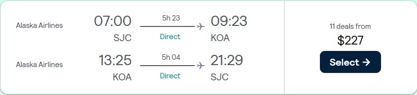 Non-stop flights from San Jose, California to Kona, Hawaii for only $227 roundtrip with Alaska Airlines. Also works in reverse. Flight deal ticket image.