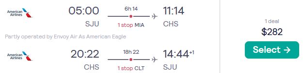Cheap flights from San Juan, Puerto Rico to Charleston, South Carolina for only $282 USD roundtrip with American Airlines. Flight deal ticket image.