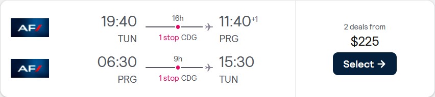 Cheap flights from Tunis, Tunisia to Prague, Czech Republic for only $225 USD roundtrip with Air France. Flight deal ticket image.