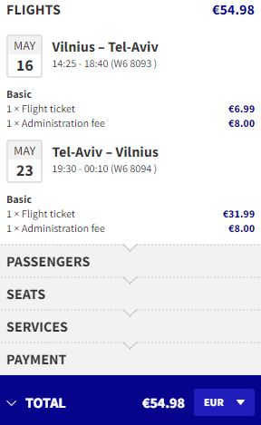 Non-stop flights from Vilnius, Lithuania to Tel Aviv, Israel for only €54 roundtrip. Flight deal ticket image.