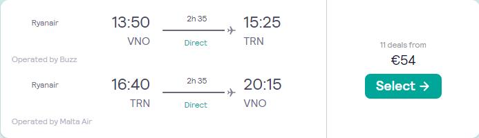 Non-stop, summer flights from Vilnius, Lithuania to Turin, Italy for only €54 roundtrip. Flight deal ticket image.