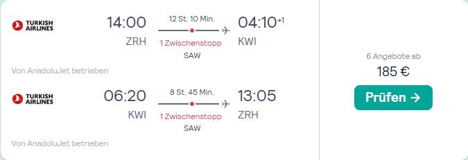 Cheap flights from Zurich, Switzerland to Kuwait City, Kuwait for only €185 roundtrip. Flight deal ticket image.