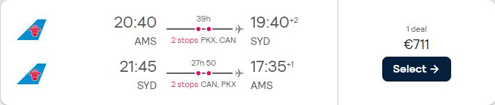 Cheap flights from Amsterdam, Netherlands to Sydney, Australia for only €711 roundtrip. Flight deal ticket image.