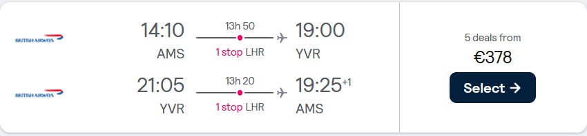 Cheap flights from Amsterdam, Netherlands to Vancouver or Calgary, Canada from only €378 roundtrip with British Airways. Flight deal ticket image.