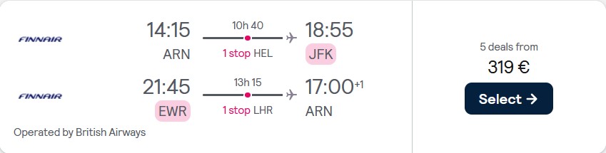 Click here to book this cheap flight deal. Cheap flights from Stockholm, Sweden to Eastern USA from only €319 roundtrip with Finnair and British Airways. Flight deal ticket image.