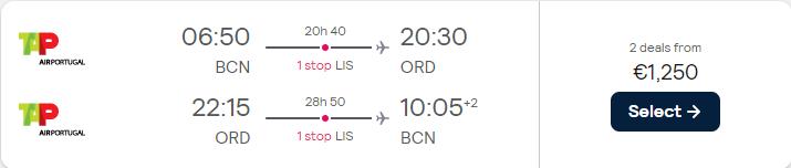 Business Class flights from Barcelona, Spain to Chicago, USA for only €1250 roundtrip with TAP Air Portugal. Flight deal ticket image.