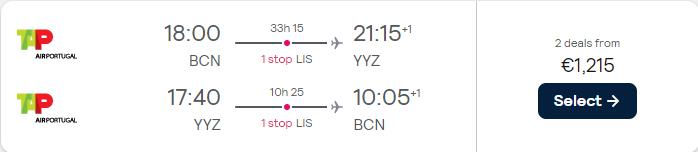 Business Class flights from Barcelona or Madrid, Spain to Toronto or Montreal, Canada from only €1215 roundtrip with TAP Air Portugal. Flight deal ticket image.