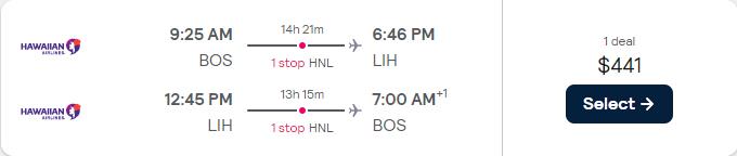 Summer flights from Boston to Lihue, Hawaii for only $441 roundtrip with Hawaiian Airlines. Also works in reverse. Flight deal ticket image.