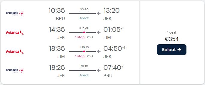 2 in 1 trip...Cheap flights from Brussels, Belgium to New York, USA & Lima, Peru for only €354 roundtrip with Brussels Airlines and Avianca. Flight deal ticket image.