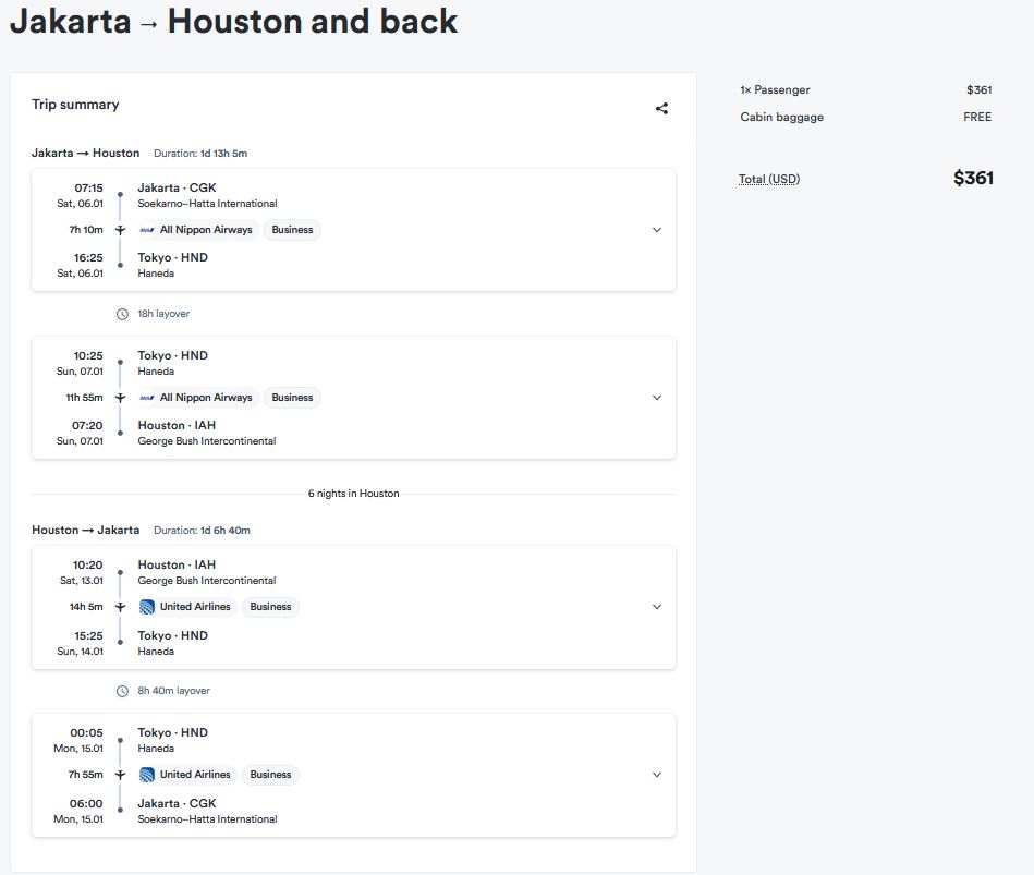 Click here to book this cheap flight deal. Error Fare Business Class flights from Jakarta, Indonesia to the USA & Canada from only $361 USD roundtrip with All Nippon Airways. Flight deal ticket image.