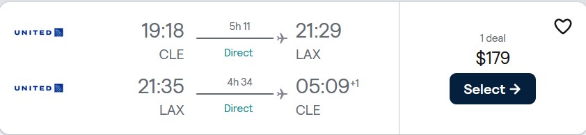 Non-stop flights from Cleveland, Ohio to Los Angeles for only $179 roundtrip with United Airlines. Also works in reverse. Flight deal ticket image.