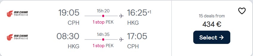 Cheap flights from Copenhagen, Denmark to Hong Kong for only €434 roundtrip. Flight deal ticket image.