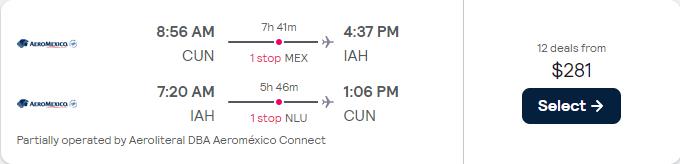 Click here to book this cheap flight deal. Cheap flights from Cancun, Mexico to Houston, Texas for only $281 USD roundtrip with Aeromexico. Flight deal ticket image.