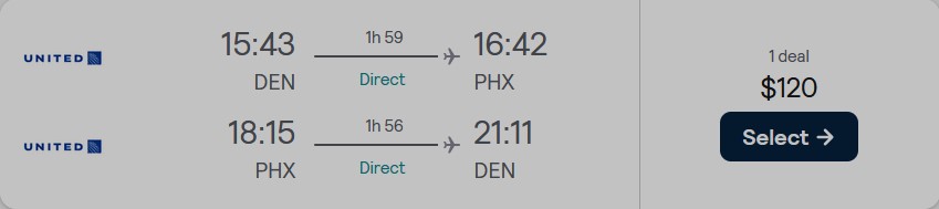 Non-stop flights from Denver, Colorado to Phoenix, Arizona for only $120 roundtrip with United Airlines. Also works in reverse. Flight deal ticket image.