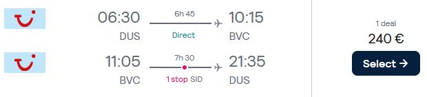 Cheap flights from Dusseldorf, Germany to Boa Vista, Cape Verde for only €240 roundtrip. Flight deal ticket image.