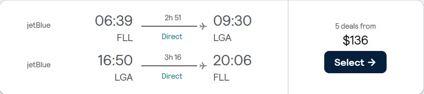 Non-stop, summer flights from New York to Fort Lauderdale for only $136 roundtrip with JetBlue. Also works in reverse. Flight deal ticket image.