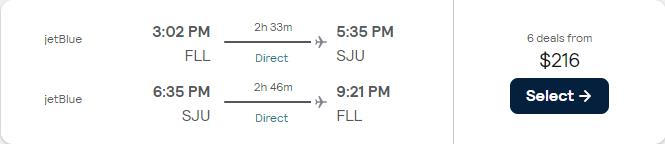 Non-stop flights from Fort Lauderdale to San Juan, Puerto Rico for only $216 roundtrip with JetBlue. Flight deal ticket image.