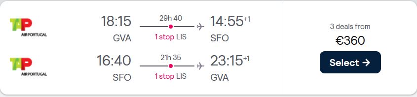 Cheap flights from Geneva or Zurich, Switzerland to San Francisco, USA from only €360 roundtrip with TAP Air Portugal. Flight deal ticket image.