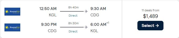 Business Class, summer flights from Kigali, Rwanda to Paris, France for only $1489 USD roundtrip. Flight deal ticket image.