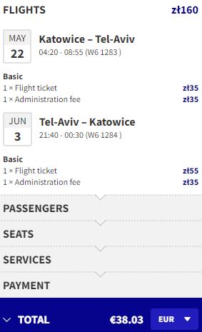 Non-stop flights from Katowice, Poland to Tel Aviv, Israel for only €38 roundtrip. Flight deal ticket image.