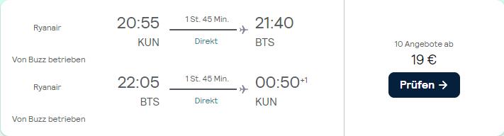 Non-stop flights from Kaunas, Lithuania to Bratislava, Slovakia for only €19 roundtrip. Flight deal ticket image.
