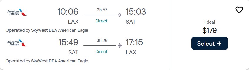 Non-stop flights from Los Angeles to San Antonio, Texas for only $179 roundtrip with American Airlines. Also works in reverse. Flight deal ticket image.