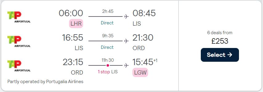 Click here to book this cheap flight deal. 2 in 1 trip...Cheap flights from London, UK to Lisbon, Portugal and Chicago, USA for only £253 roundtrip with TAP Air Portugal. Flight deal ticket image.