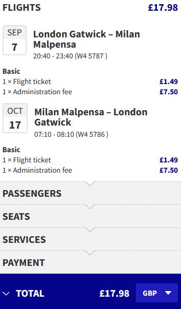Non-stop flights from London, UK to Milan, Italy for only £17 roundtrip. Flight deal ticket image.