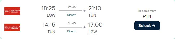 Non-stop flights from London, UK to Tunis, Tunisia for only £111 roundtrip. Flight deal ticket image.