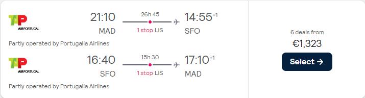 Business Class flights from Madrid, Spain to San Francisco, USA for only €1323 roundtrip with TAP Air Portugal. Flight deal ticket image.