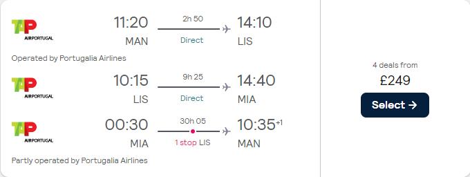 2 in 1 trip...Cheap flights from Manchester, UK to Lisbon, Portugal and Miami, USA for only £249 roundtrip with TAP Air Portugal. Flight deal ticket image.