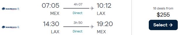 Non-stop, summer flights from Mexico City, Mexico to Los Angeles, USA for only $255 USD roundtrip with Aeromexico. Flight deal ticket image.