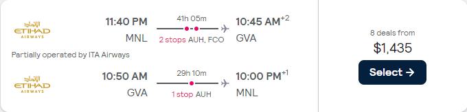 Business Class flights from Manila, Philippines to European cities from only $1435 USD roundtrip with Etihad Airways. Flight deal ticket image.
