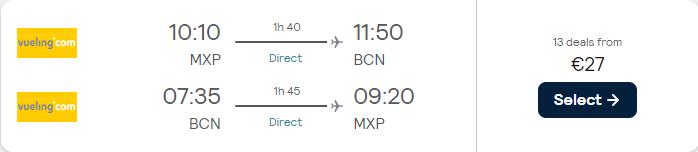 Nonstop flights from Milan, Italy to Barcelona, ​​Spain for just €27 return.  Image of flight offer ticket.