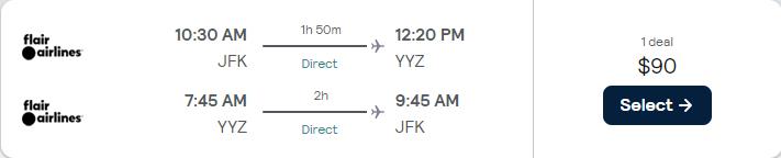 Non-stop flights from New York to Toronto, Canada for only $90 roundtrip. Flight deal ticket image.