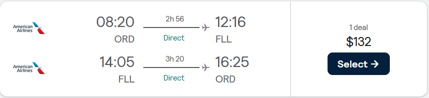 Non-stop flights from Chicago to Fort Lauderdale for only $132 roundtrip with American Airlines. Also works in reverse. Flight deal ticket image.