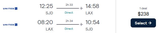 Non-stop flights from San Jose del Cabo, Mexico to Los Angeles, USA for only $238 USD roundtrip with United Airlines. Flight deal ticket image.