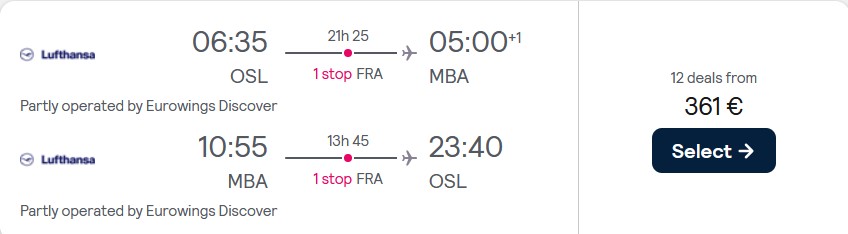Cheap flights from Oslo, Norway to Mombasa, Kenya for only €361 roundtrip with Lufthansa. Flight deal ticket image.