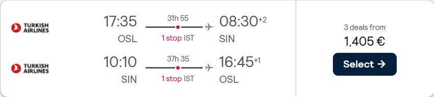 Business Class flights from Oslo, Norway to Singapore for only €1405 roundtrip with Turkish Airlines. Flight deal ticket image.