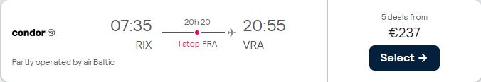 Cheap flights from Riga, Latvia to Varadero, Cuba for only €237 one-way. Flight deal ticket image.