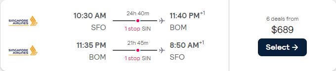 Vols pas chers de San Francisco à Mumbai, Inde pour seulement 689 $ aller-retour avec Singapore Airlines.  Image du billet de l'offre de vol.