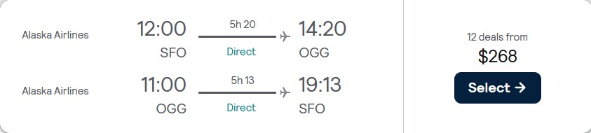 Vols pas chers de San Francisco à Kahului, Hawaï pour seulement 268 $ aller-retour avec Alaska Airlines.  Fonctionne également en sens inverse.  Image du billet de l'offre de vol.