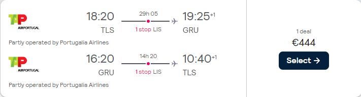 Cheap flights from Toulouse, France to Sao Paulo or Rio de Janeiro, Brazil from only €444 roundtrip with TAP Air Portugal. Flight deal ticket image.